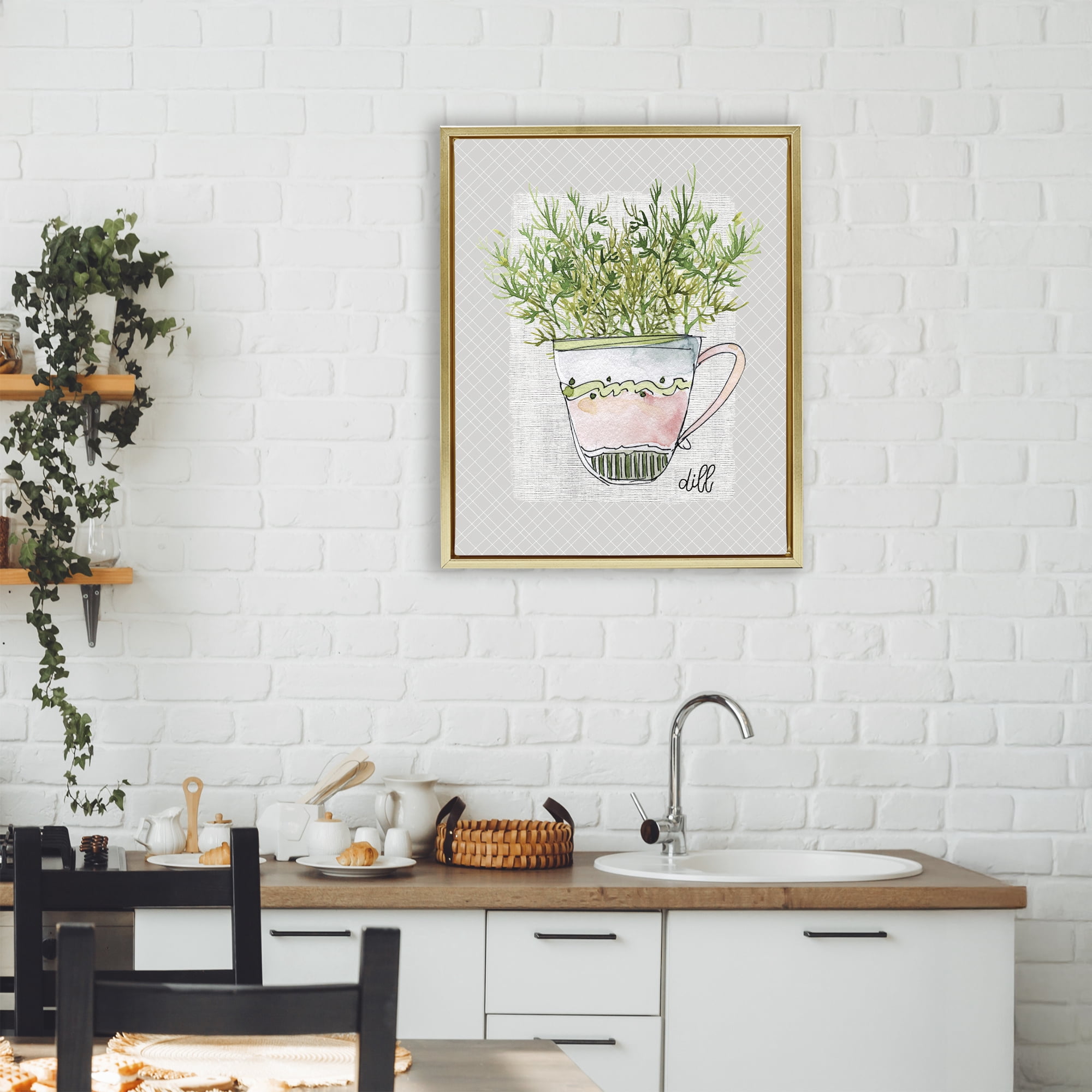 Stupell Industries Dill Herb Mug Gold Framed Floater Canvas Wall Art, design by Livi Finn