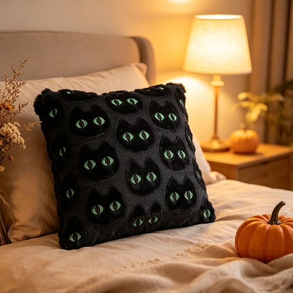 3D Flocked Black Cat Throw Pillow, Glow Green Cat Face Square Decorative Cushion, Gothic Spooky Halloween Sofa Accent Pillow