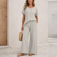 thumbnail image 5 of ClodeEU Women's 2 Piece Casual Set ,Embroidered Short Sleeve Top and Wide Leg Pants ,Solid Color Lounge Outfit Khaki,Women's Plus XXL, 5 of 8