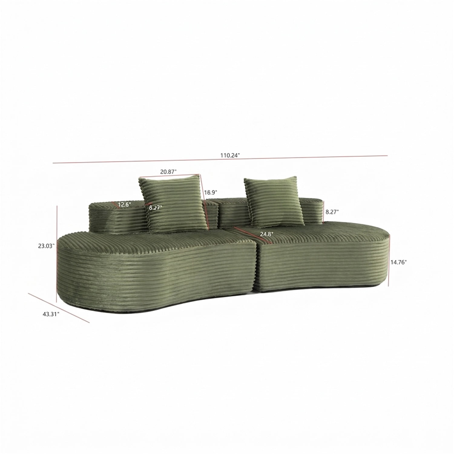 Hommoo 110" Full Curved Compressed Sofa, Corduroy 2-Seater Cloud Couch Upholstered Sofa with 2 Lumbar Pillows, for Living Room & Bedroom, Green