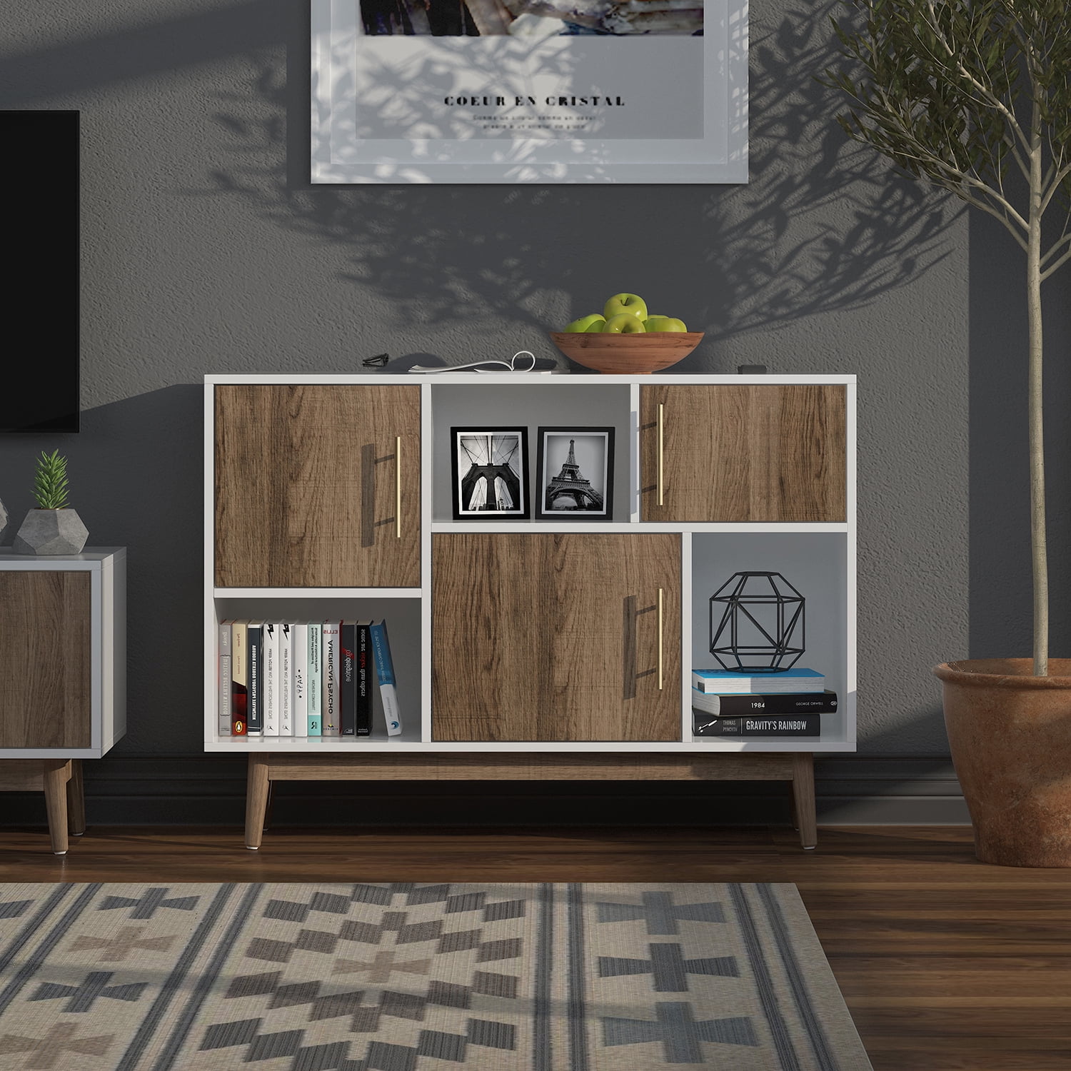 Private Jungle TV Cabinet Storage Organizer, 3 Cubes Wooden Storage Cabinet with 3 Doors, Floor Standing Accent Cabinet with Legs,Natural+White