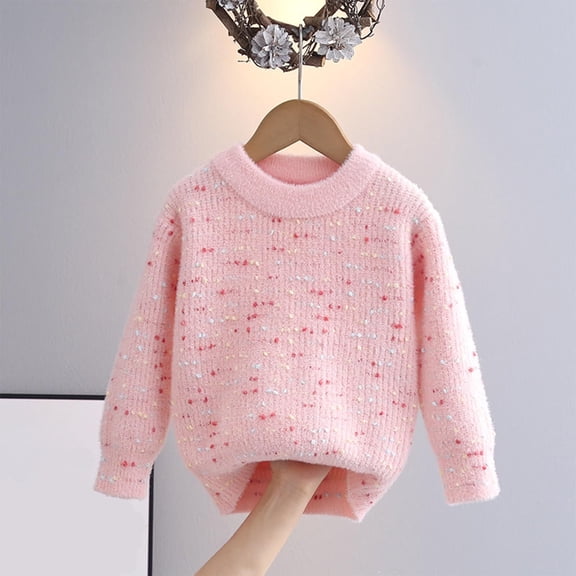 FAIOROI Girls Pullover Sweaters Cotton Knit Crew Neck Long Sleeve Warm Winter Sweater for Kids Size 5-6T Pink