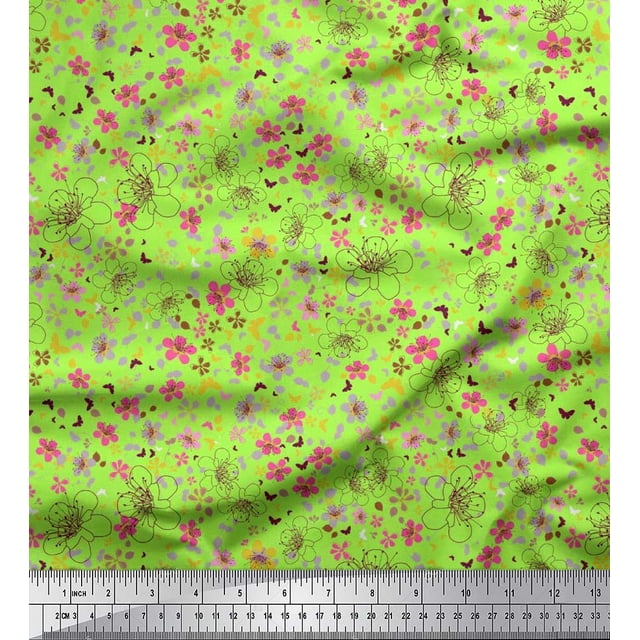 Soimoi Modal Satin Fabric Leaves,Butterfly & Flower Print Fabric by Yard 42 Inch Wide