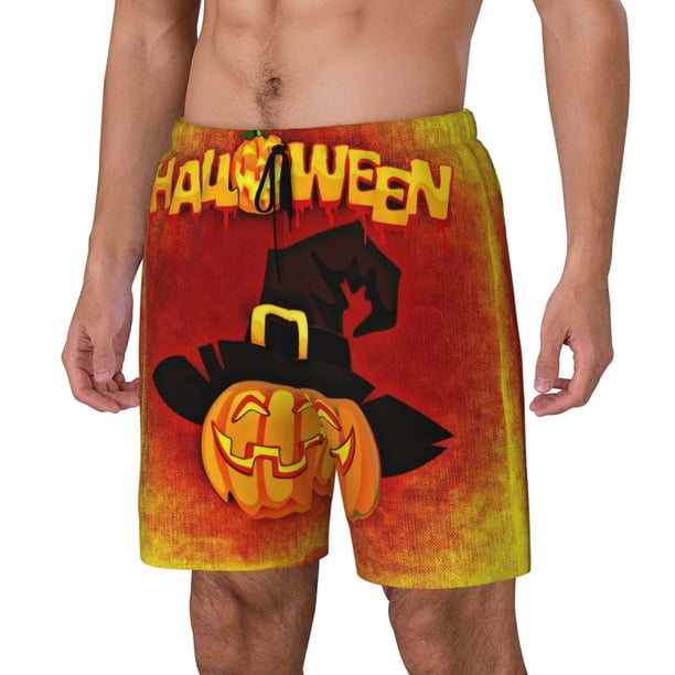 Balery Halloween Pumpkin Bañador para hombre, shorts de playa de secado rápido con entrepierna y forro de compresión-Small