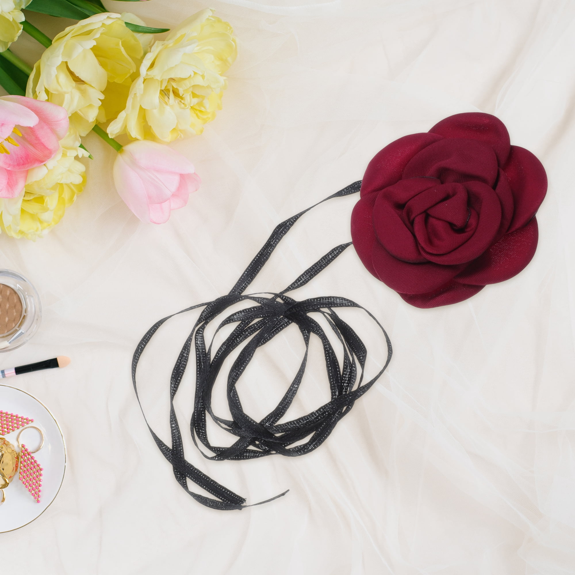 Unique Bargains Elegant Pearl Satin Rose Tie Choker Necklace 1 Pc Wine Red