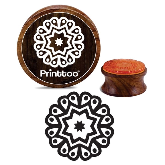 Printtoo Rubber Stamp Round Wooden Floral Mandala Pattern Craft Textile Stamps-5 Inch