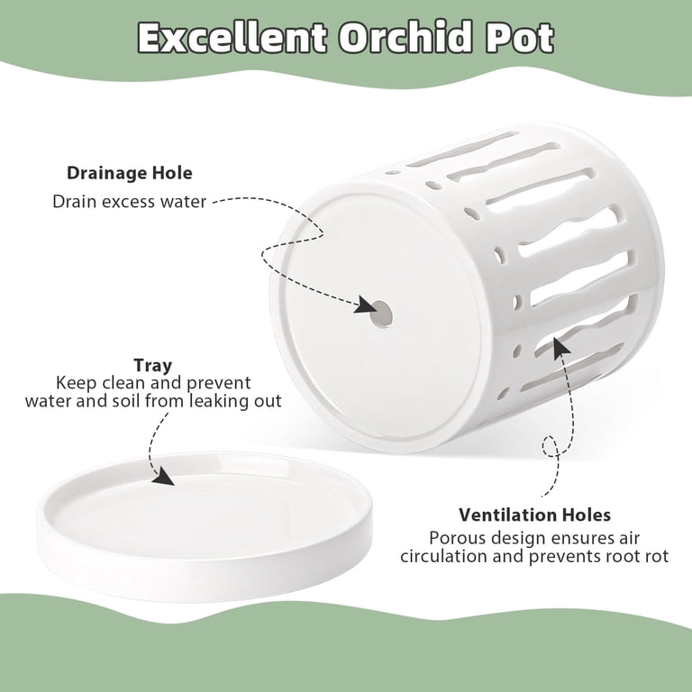 Buymax 6" Ceramic Orchid Pot with Drainage Tray, White photo 4