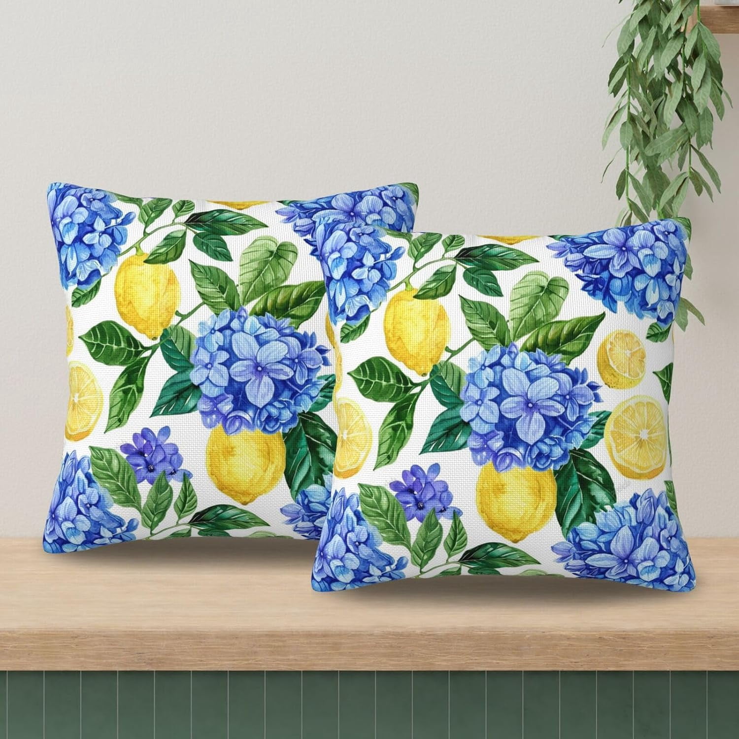 KiuLoam Summer Lemon Hydrangea Pillow Covers 18x18 Set of 2 Blue Yellow Floral Decorative Throw Pillow Covers Outdoor Farmhouse Cushion Cases for Sofa Couch Bed Living Room Decor