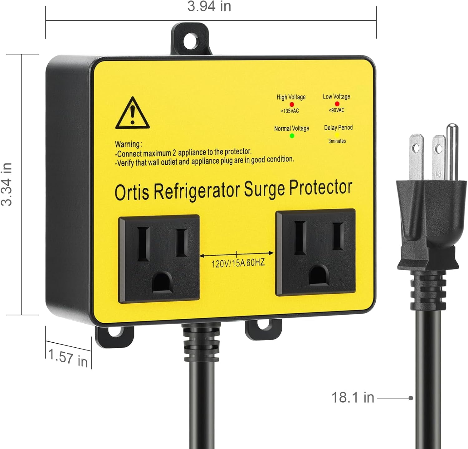 Refrigerator Surge Protector, Ortis Double Outlet RV Appliance Surge Protector with Time Delay & Real-Time Electricity Usage Monitor, Protects All Voltage Abnormalities, White
