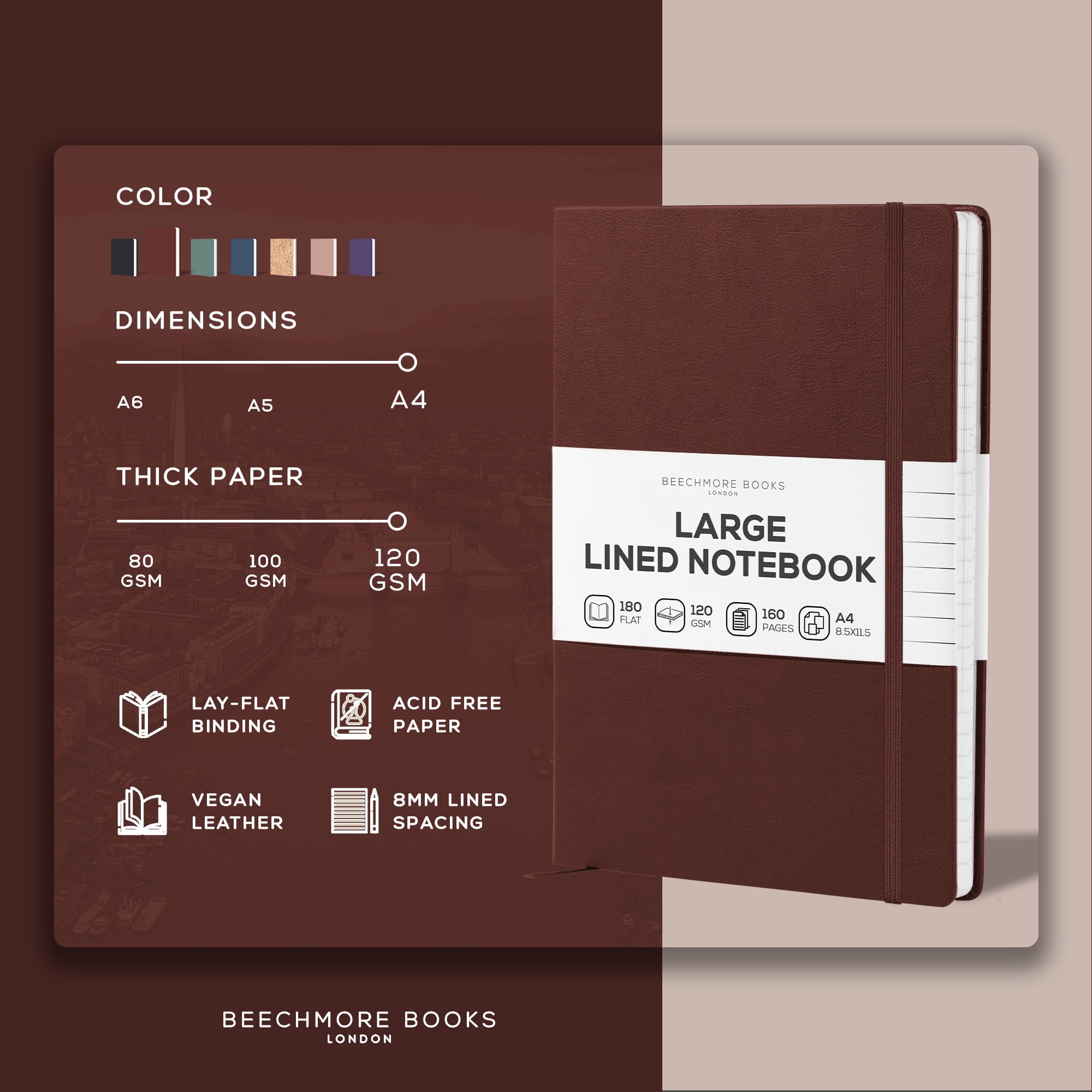 BEECHMORE BOOKS Lined Journal Notebook, 8.5 x 11.5 inch, A4 160 Lined Pages, Hardcover Leather Journals for Women, Men, Writing and Notebooks for Work - 120 GSM Thick Paper, Gifts Box Included