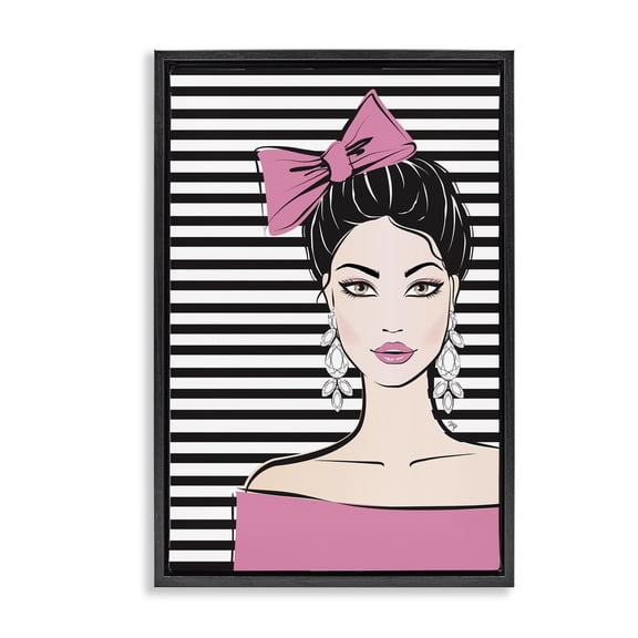 Stupell Industries Contemporary Girl with Pink Bow & Earrings Black Floating Frame Canvas Art, 17 x 25, by Martina Pavlova