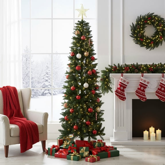 Gianna 6ft Pre-lit Pencil Christmas Tree, Green Artificial Spruce Slim Christmas Trees with 250 Incandescent Lights, 571 Branch Tips & Foldable Base for Home, Office, Party Decoration