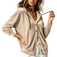 thumbnail image 4 of Velvet Long Sleeve Cardigan Hoodies Women Button Womens Hood Shirts Khaki XXXXXL, 4 of 9