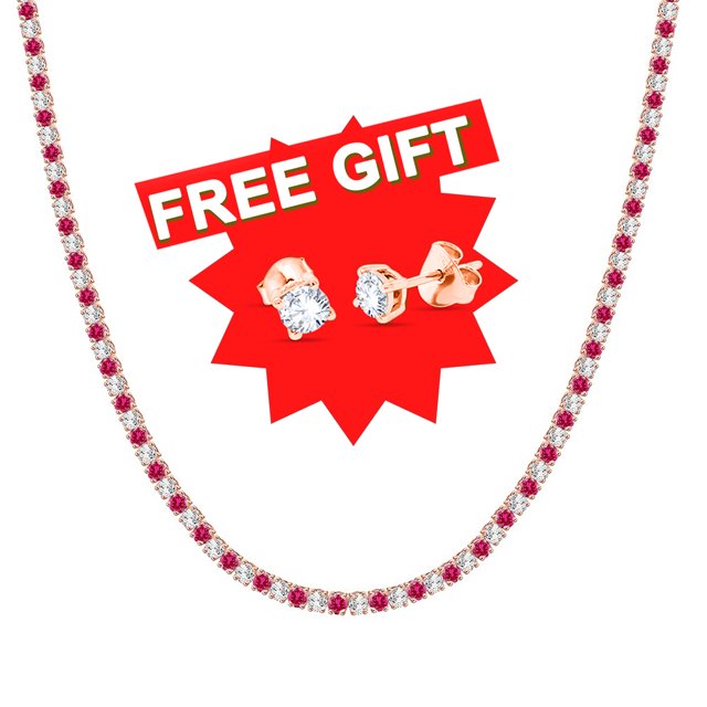 Tennis Necklace 18K Rose Gold Plated 3mm Simulated Ruby and Cubic
