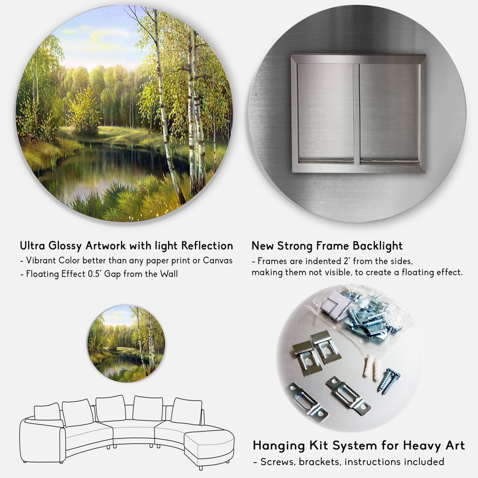 Designart 'The River In Silent Green Nature Through Birches' Traditional Circle Metal Wall Art 11x11 - Disc of 11
