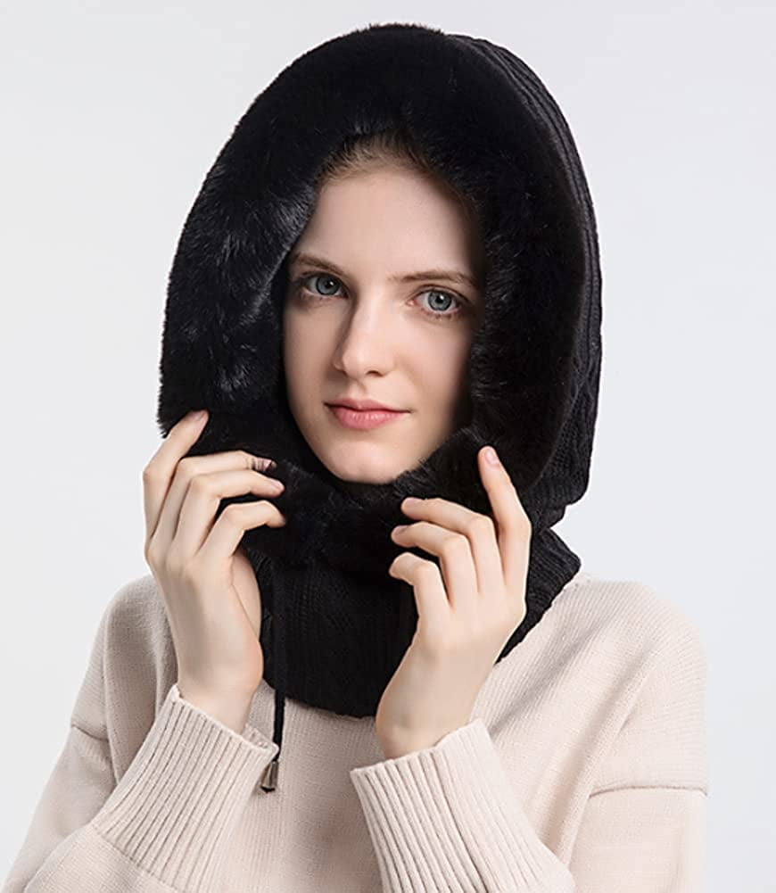 CoCopeaunts Women Winter Fleece Beanie Hat One-Piece Drawstring Knit Beanie Hats Scarf Mask Ski Snow Skull Hat Cap