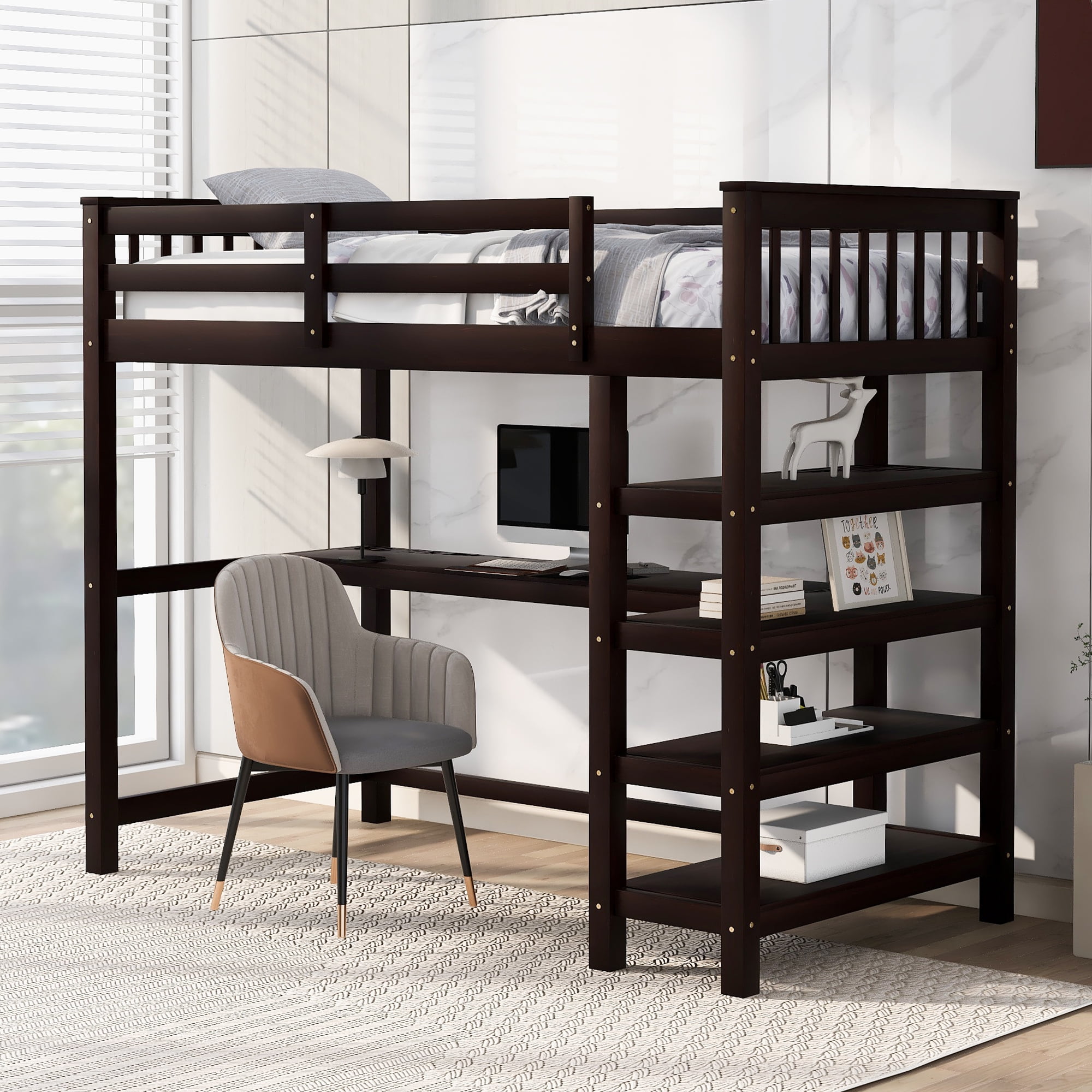 Clearance! Twin Size Loft Bed with Storage Shelves and Underbed Desk