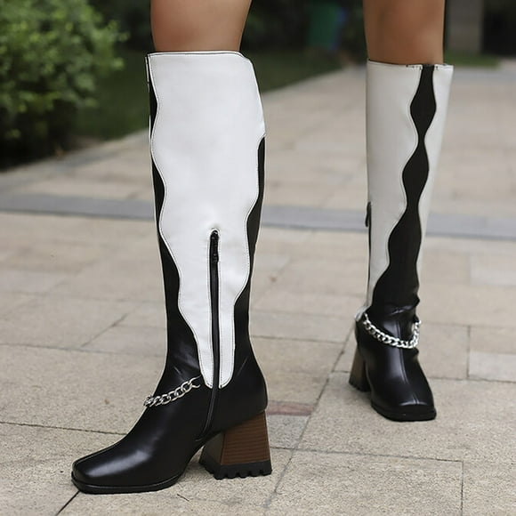 Amzcrzy Knee High Boots Women Oversized Women's Fall/Winter Velvet Lining Color Matching Rectangle Toe Thick High Heels Long Chain Boots Thigh High Boots Women's Boots Boots for Women