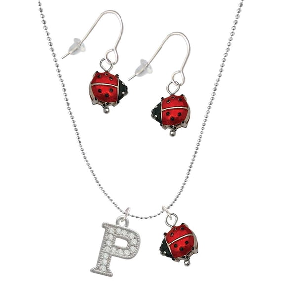 Delight Jewelry Silvertone Crystal Initial - P - Red Lucky Ladybug Necklace and Dangle Earrings Set
