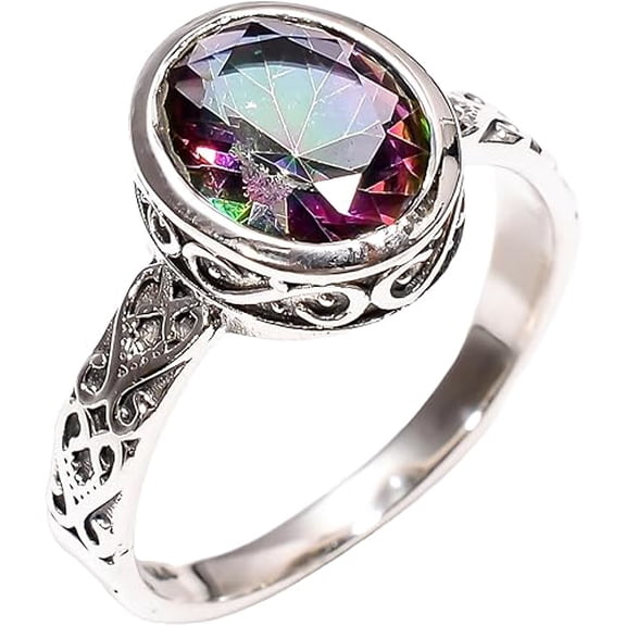 Rainbow Mystic Topaz Ring 925 Sterling Silver Boho Rings Jewelry
