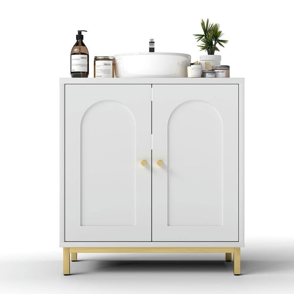 Resenkos Sink Storage Cabinet with 2 Doors, U-Cutout Modern Under Sink Organizer, Adjustable Shelf Space-Saving Storage for Bathroom, White