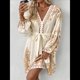 thumbnail image 4 of Vestido Corto Ajustado con Cuello en V, Mangas Farol y Estampado Vintage para Mujer, Ideal para Vacaciones de y Verano. Albaricoque S, 4 of 10