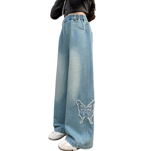 YunPes Girls Wide Leg Jeans Butterfly Embroidered Aesthetic Denim Pants High Elastic Waist Patchwork Jeans Y2K Cute Preppy Trousers