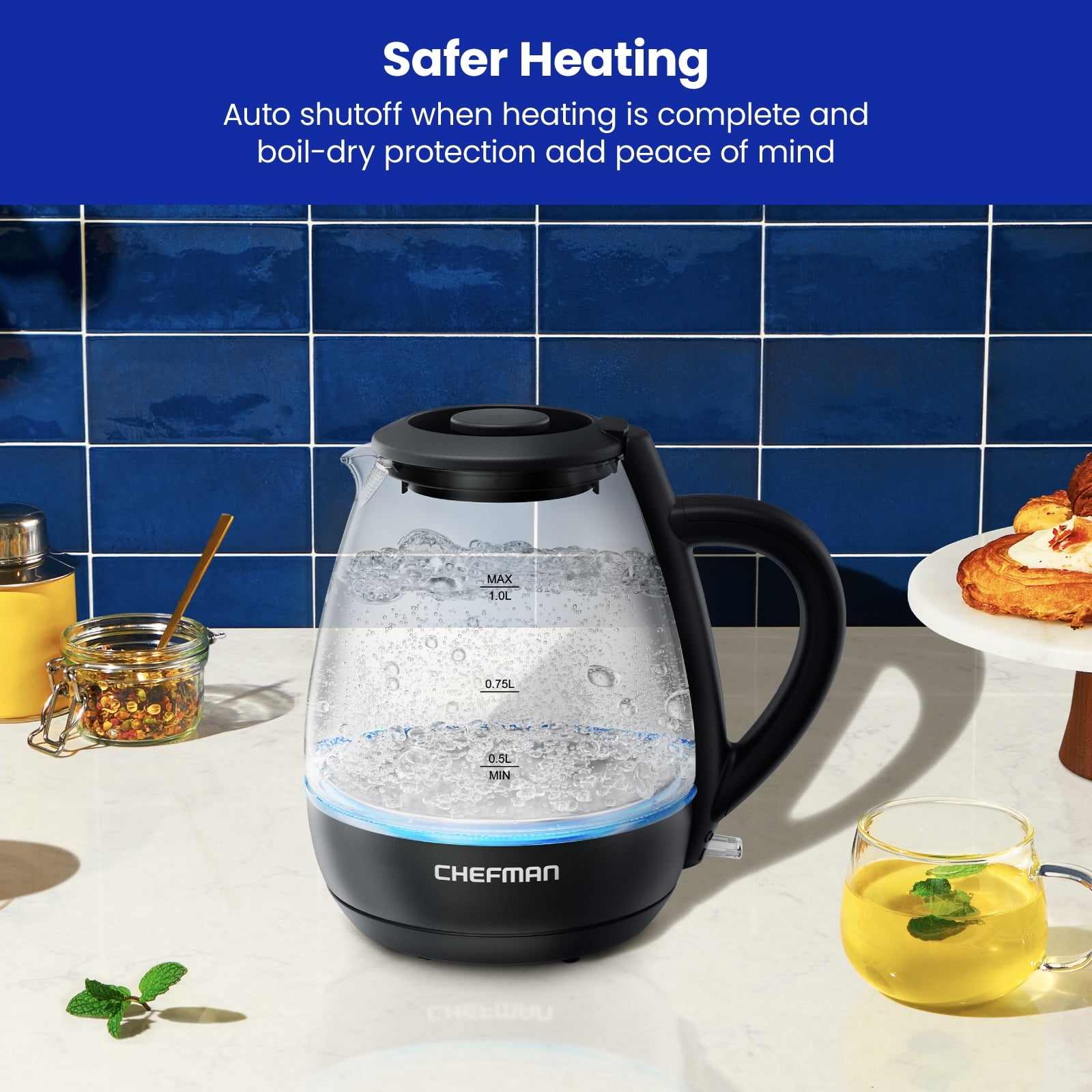 Chefman 1L Electric Glass Kettle w LED Indicator Light Automatic Shutoff Black New