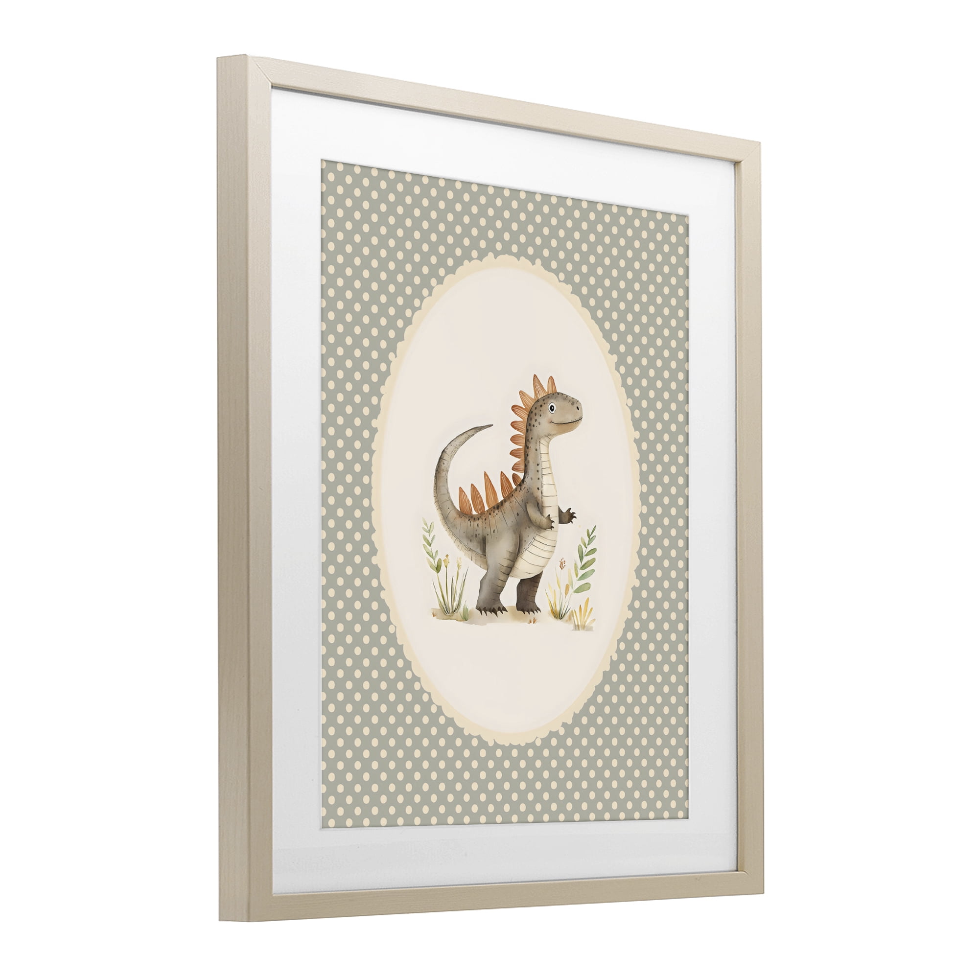 Stupell Industries Watercolor Dinosaur Polka Dot Border Birch Framed Print Under Glass, design by LSR Design Studio