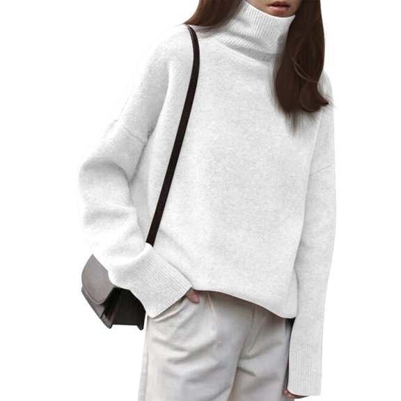 Women'S Loose Turtle Neck Long Sleeve Pullover Sweater Autumn and Winter Knitted Pullover Top White One size