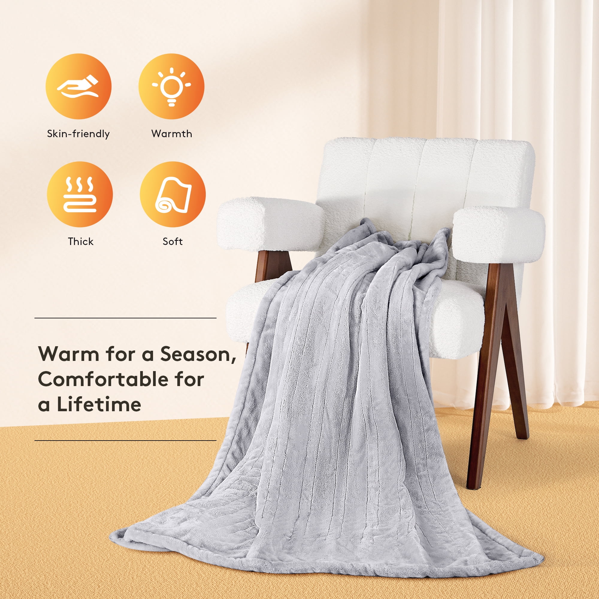 JUSTLET Electric Heated Blanket Throw, Double-sided flannel electric blanket, 50" x 60", Light Grey