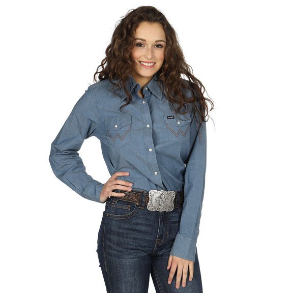 Wrangler Women's Solid Chambray Denim Long Sleeve Snap Western Core Shirt Blue X-Large  US