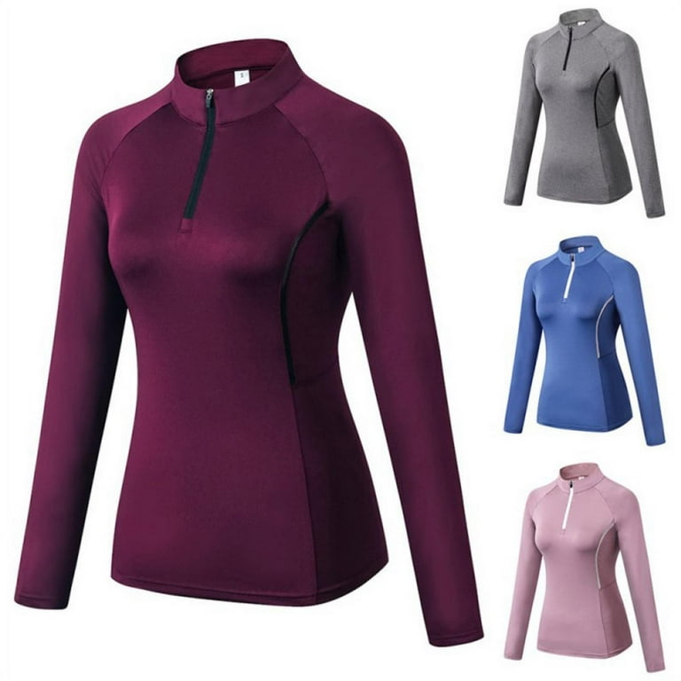 Women's Zipper Workout Long Sleeve Shirts, Yoga Running Tops Quarter Zip  Pullover Exercise T-Shirts, Red, S
