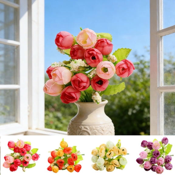 Faux Roses Bouquet, 9inch Artificial Mini Roses Flower with Stems Colorful Fabric Rose Branches for Wedding Spring Home Office Floral Arrangement Decoration