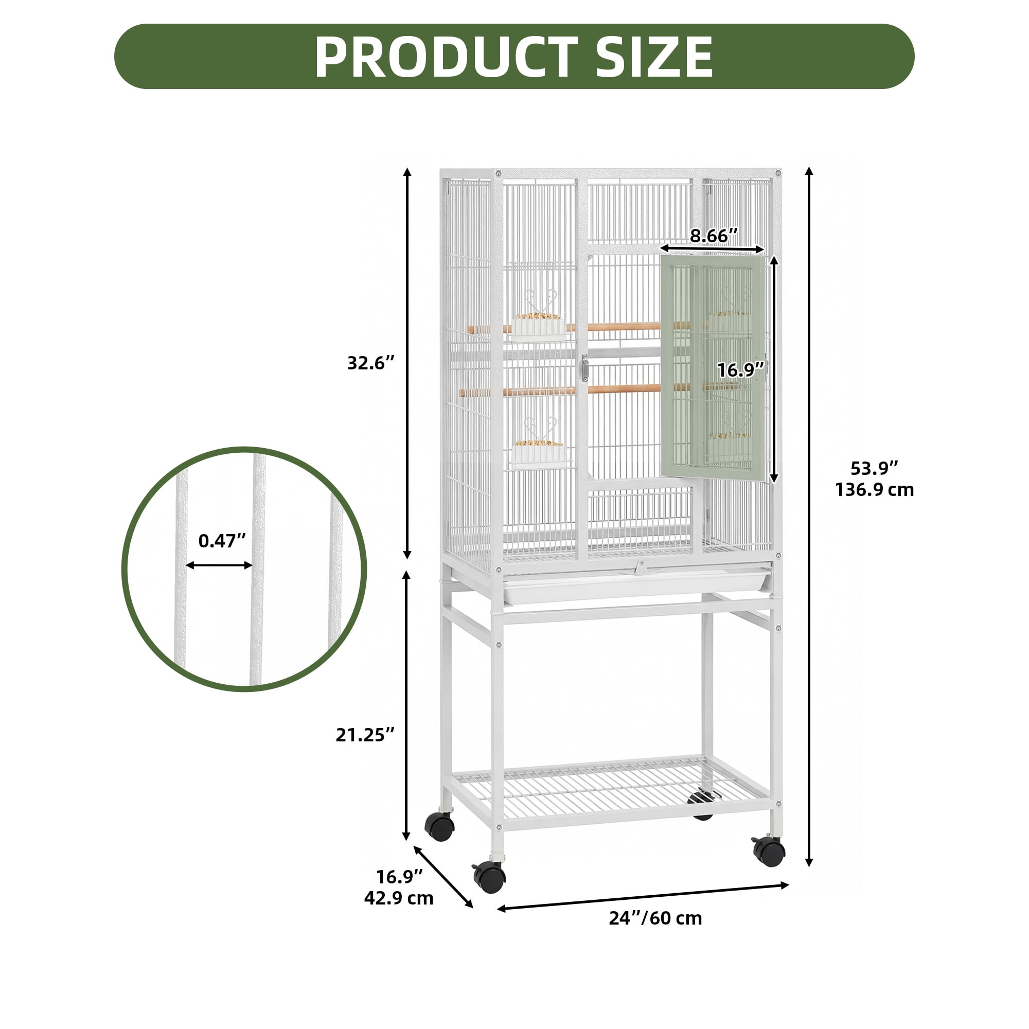 Uforic 53" White Metal Birdcage with Rolling Stand, 2 Perches & 4 Feeders for Small-Medium Birds