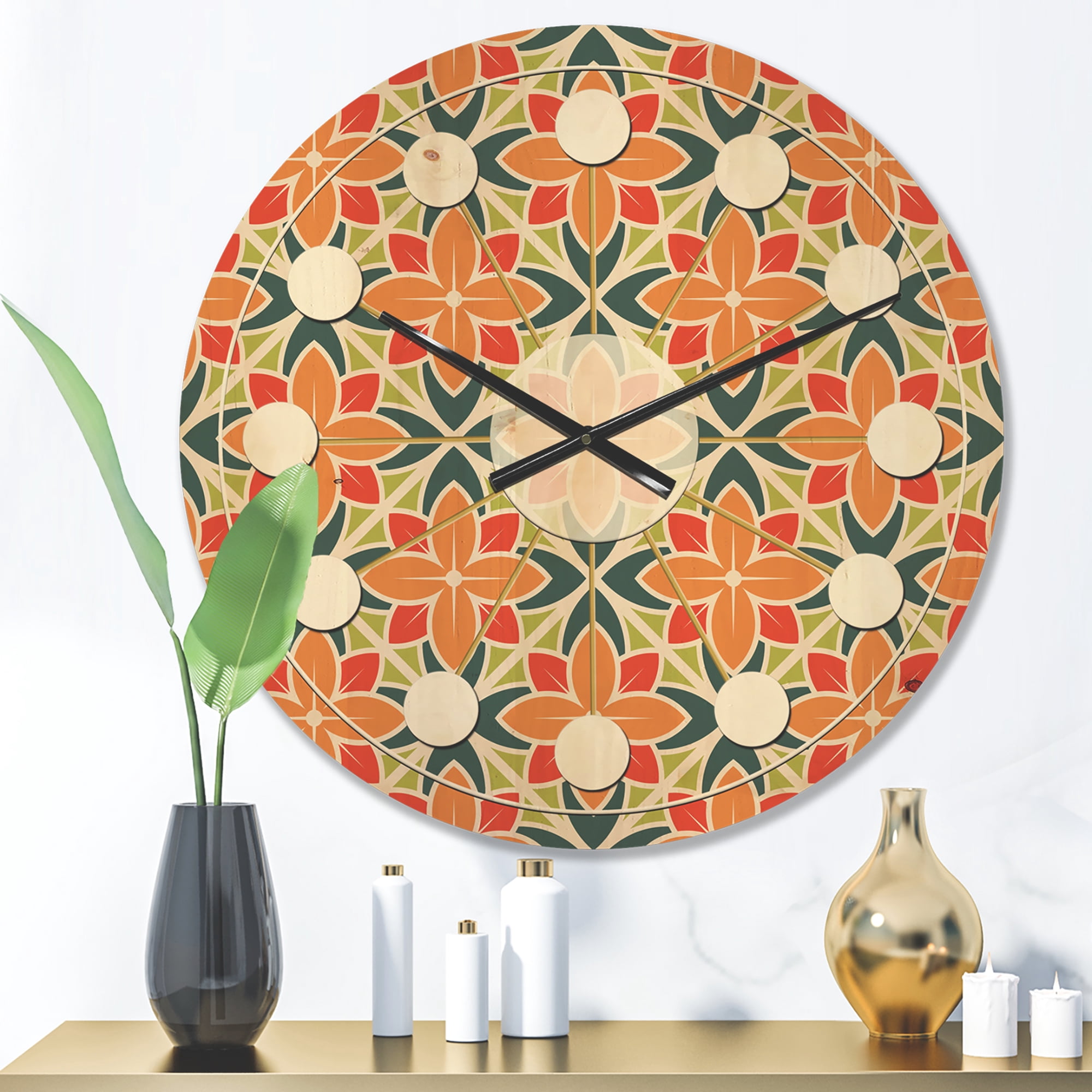 Designart 'Floral Retro Pattern XIV' Mid-Century Modern Wood Wall Clock