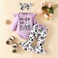 thumbnail image 3 of Baby Girl Fall Winter Newborn Going Home Outfit 0 3 6 9 12 18 Months Infant Baby Girls Cow Print Romper Tops and Long Bow Flared Trousers Headband Clothing Sets, 3 of 5