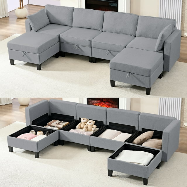 Puremind Modular Sectional Sofa with Storage, U/L Shaped Sectional Couch with Movable Ottoman, Convertible Sleeper Sofa for Living Room/Apartment, Light Gray