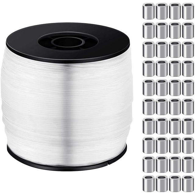 Strong Clear Invisible Hanging Wire 0.8mm up to 100lbs 656 Feet Strong Nylon Thread with 100 Pieces Aluminum Crimping Loop Sleeves Hanging Kit for Picture Frame Flowerpot Chandelier Hanging Decoration