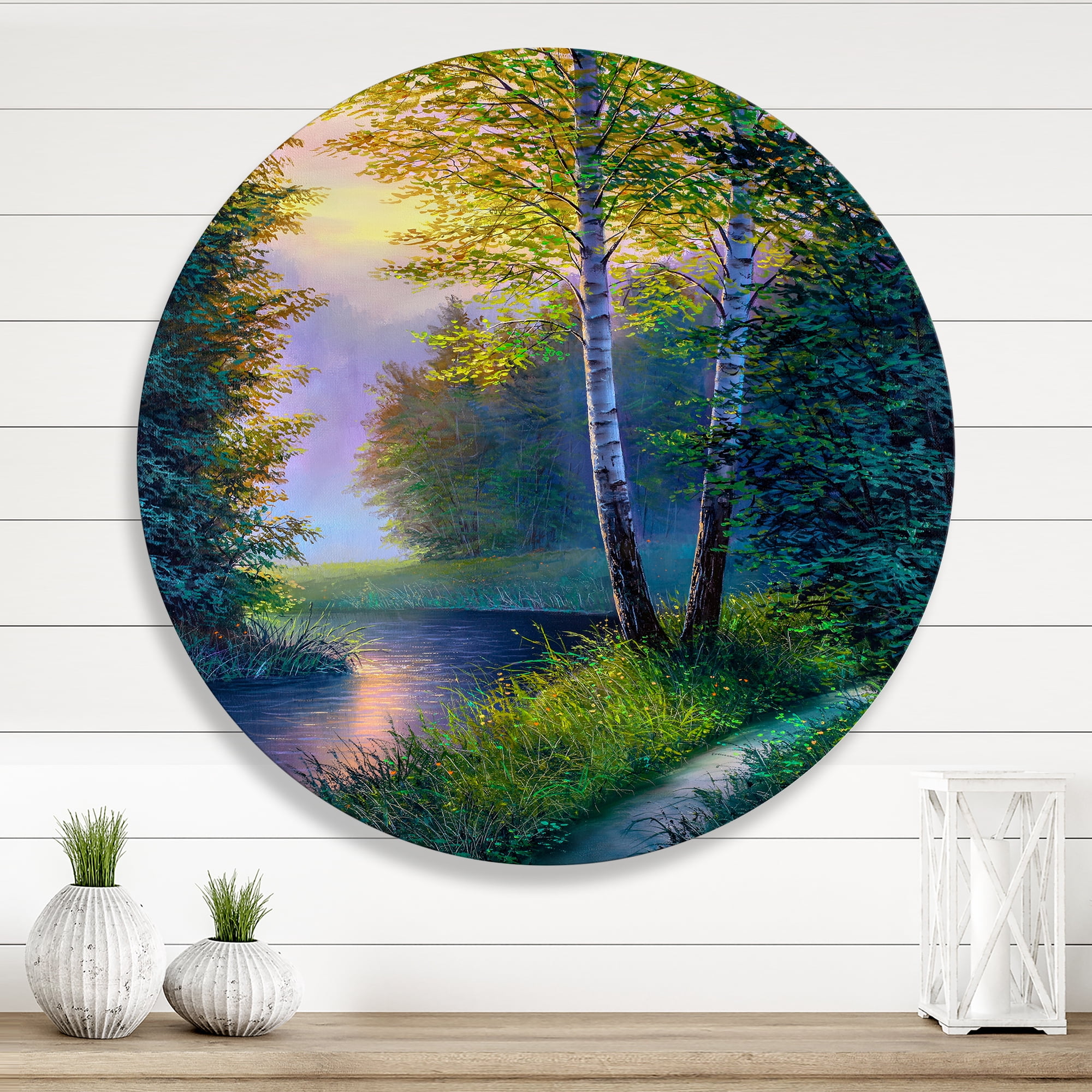 Designart 'Sunrise Glow Through The Birch Forest' Lake House Circle Metal Wall Art 23x23 - Disc of 23