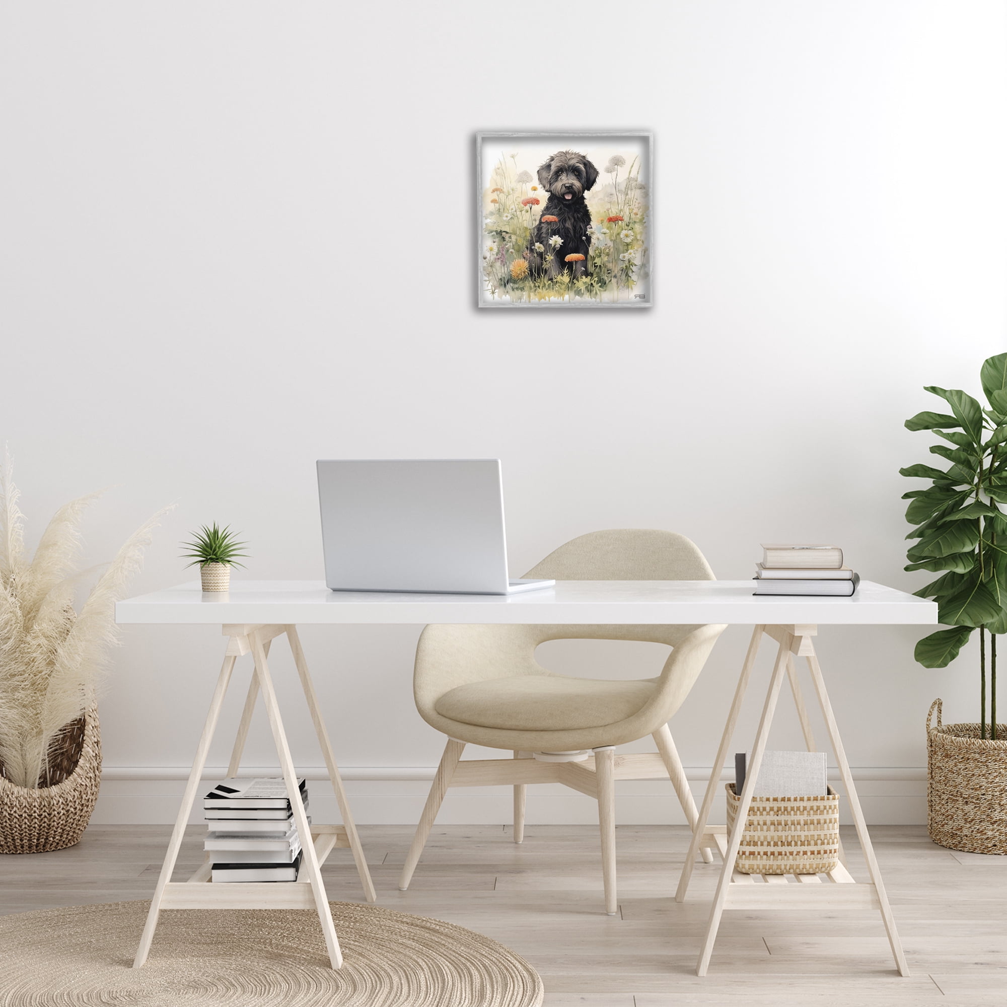 Stupell Industries Black Terrier in Meadow Animals & Insects Painting Gray Framed Art Print Wall Art, 17 x 17
