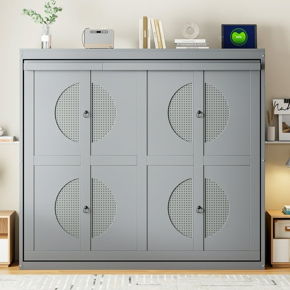 New Full Size Gray Murphy Bed Wall Bed - Convertible Cabinet with Metal Folding, No Box Spring Needed, 400 LBS Capacity, Space-Saving Design