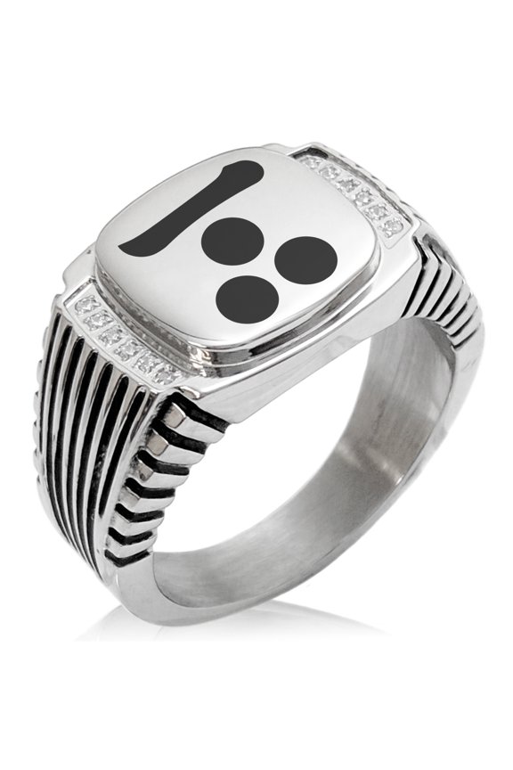 Stainless Steel Mouri Samurai Crest CZ Ribbed Needle Stripe Pattern Biker Style Polished Ring