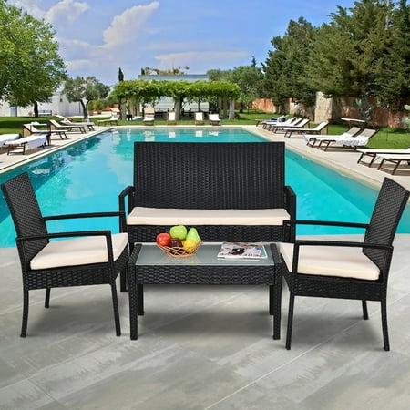 Costway 4 PCS Outdoor Patio Furniture Set Table Chair Sofa Cushioned Seat Garden