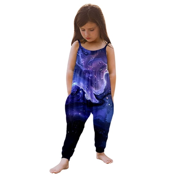 Toddler Girls' Fashion Starry Sky Printed Strap Pocket Jumpsuit Ha Yi Ha Lun Pants For Kids Vêtements Pour Enfants Size 2-3T