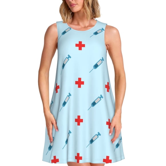 Fotbe Syringe And Red Cross Vestido de Verano sin Mangas para Mujer – Vestido Midi Línea A, Estilo Camiseta Floral, Vestido Playero Casual y Fluido