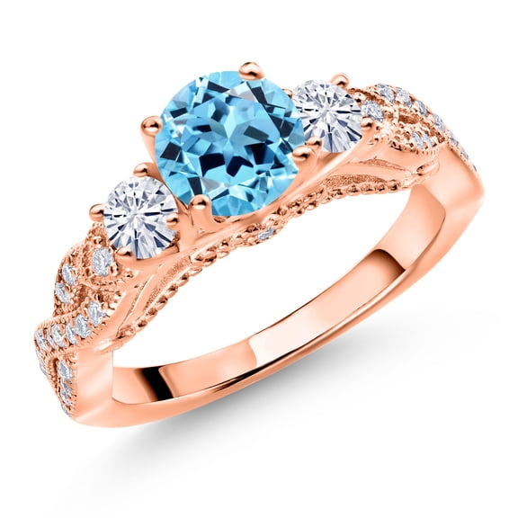 Gem Stone King 18K Rose Gold Plated Silver Swiss Blue Topaz and White Moissanite Engagement Ring for Women (1.47 Cttw, Gemstone November Birthstone, Round 6MM and 3MM, Size 9)