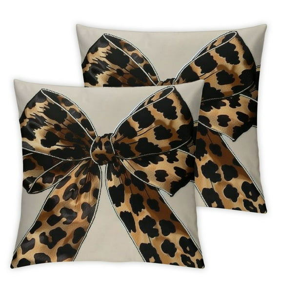 QKZF Set of 2 Leopard Bow Outdoor Throw Pillow Covers Soft Bowknot Cushion Covers for Couch Sofa Animals Skin Pattern Decor Throw Pillowcases 12x12in