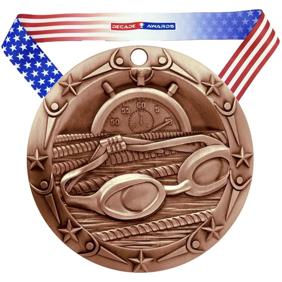 Decade Awards Swimming World Class Medal, Bronze - 3 Inch Wide Swim Meet Third Place Medallion with Stars and Stripes American Flag V Neck Ribbon