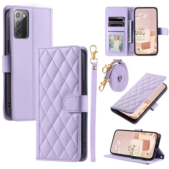 for Samsung Gaalxy Note 20 Wallet Case, Elegant PU Leather Shoulder Strap & Wrist Strap Kickstand Card Slots Magnetic Closure Full Body Protection Case for Samsung Gaalxy Note 20, Purple